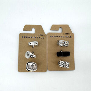 Aeropostale Set Of 6 Silver & Black Tone Stackable Rings New On Card Size 9